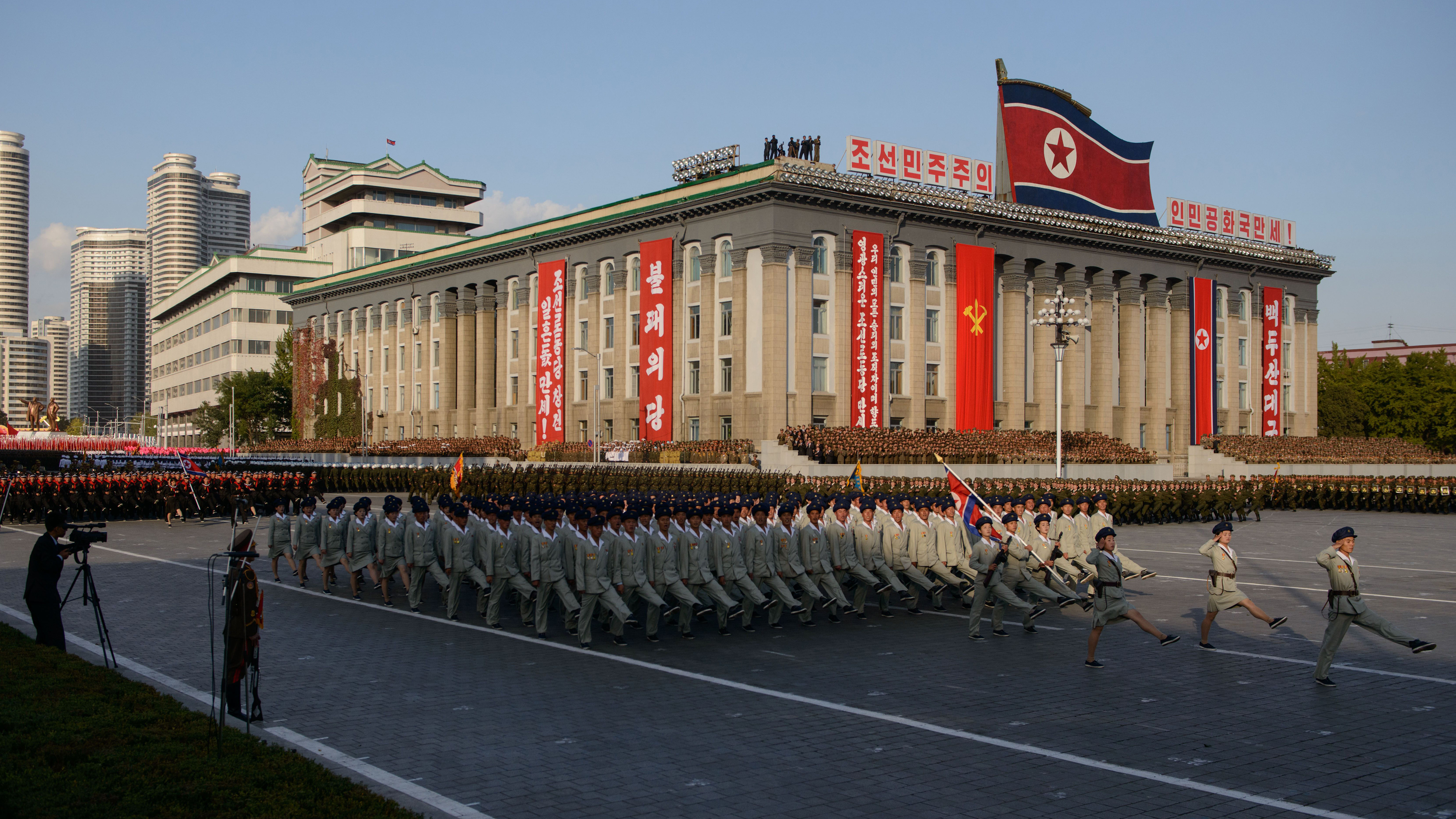 Soldiers march during a mass military parade at Kim Il-Sung square in Pyongyang on October 10, 2015. North Korea was marking the 70th anniversary of its ruling Workers' Party. Photo Credit: ED JONES/AFP/Getty Images.