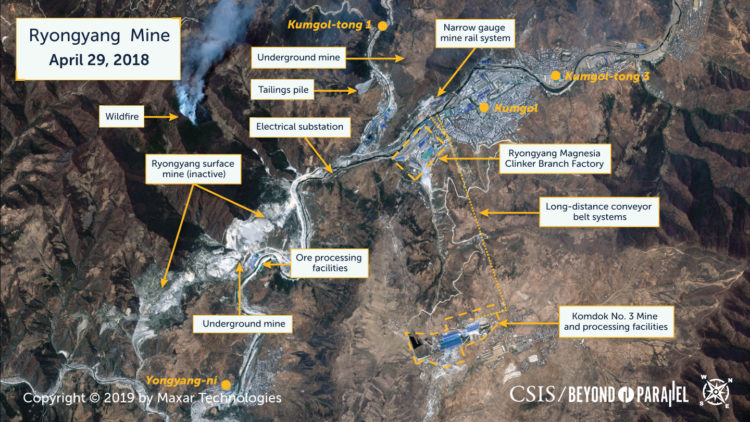 Overview of the Ryongyang Mine complex including Kumgol, April 29, 2018. (Copyright 2019 by Maxar Technologies)