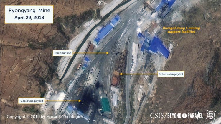 Closeup view of the Kumgol-tong 1 mining support area, April 29, 2018. (Copyright 2019 by Maxar Technologies)