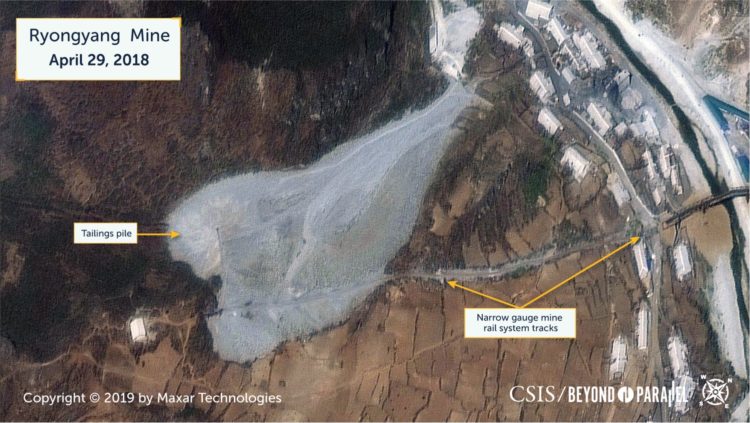 Tailings pile in the Kumgol-tong 1 area, April 29, 2018. (Copyright 2019 by Maxar Technologies)