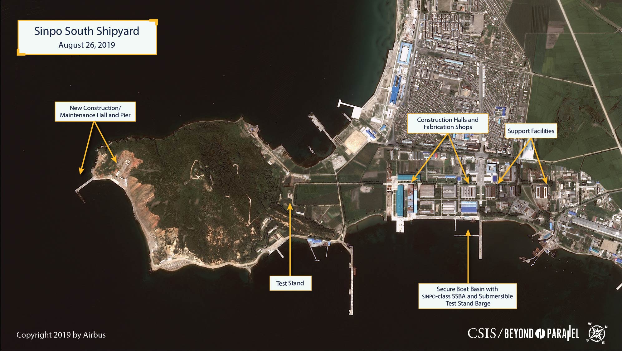 Overview of the Sinpo South Shipyard as seen on August 26, 2018 (Copyright © 2019 Airbus)