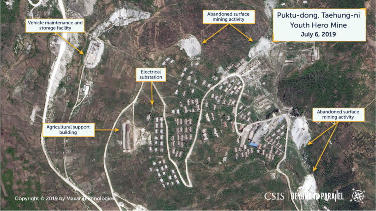 Overview of the Puktu-dong area and abandoned surface mining activity, Taehung Youth Hero Mine, July 6, 2019. (Copyright 2019 by Maxar Technologies)