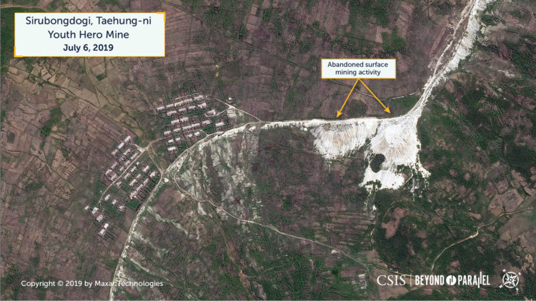 Overview of the Sirubongdogi area and abandoned surface mining activity, Taehung Youth Hero Mine, July 6, 2019. (Copyright 2019 by Maxar Technologies)